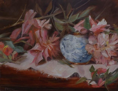 Peonies in Blue Vase