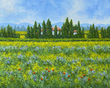Farmhouses in wildflower field