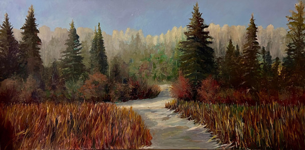 Cattails and evergreens