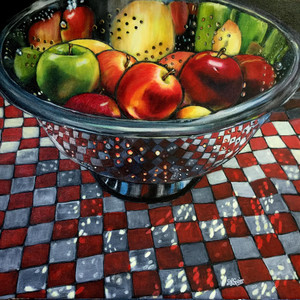  Apples in Collander on Checkered Cloth