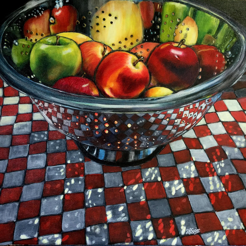 Apples in Collander on Checkered Cloth