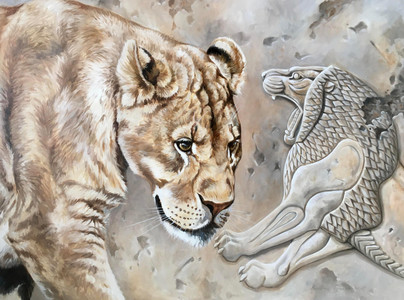 Ancient Tableau: Lioness and Stone Relief