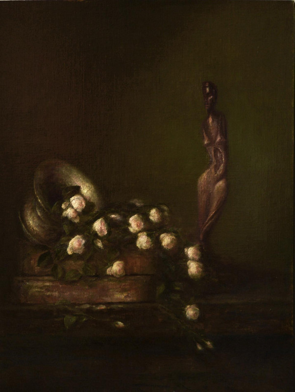 Falling roses and a statue