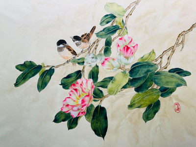 Camellia flowers and birds