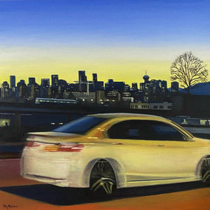 Drive past the Vancouver skyline at sunset