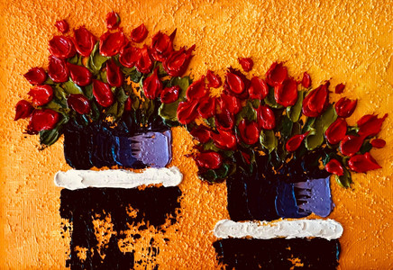 Red Wallflowers in Purple Pots