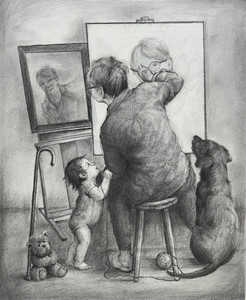 Triple self portrait a la Norman Rockwell