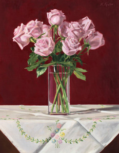 Still Life with Roses and Embroidered Tablecloth