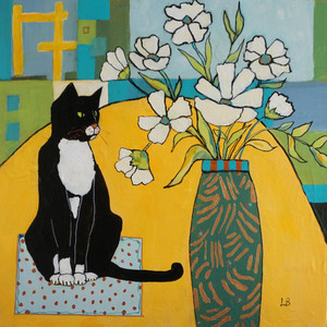 Tuxedo Cat with Flowers