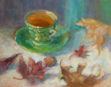 Green Teacup and Dancing Autumn Leaves