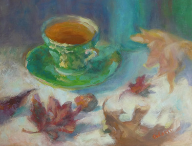 Green Teacup and Dancing Autumn Leaves