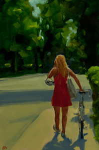 Biker in a red dress