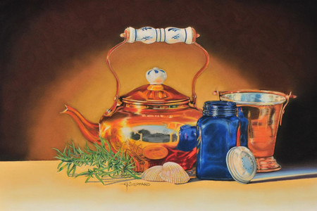 Copper Kettle & Blue Glass Still Life