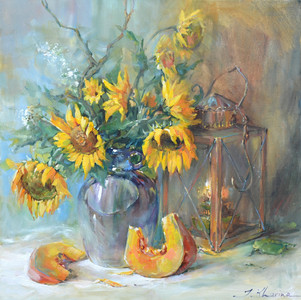 Still life with the sunflowers and cooper lantern