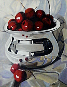 Cherries in a steel bowl