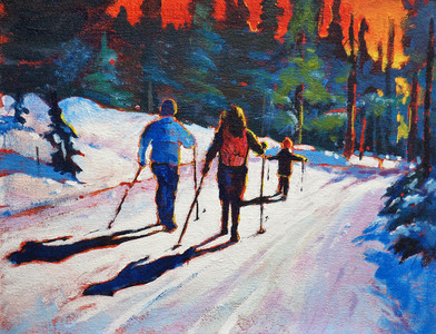 Three figures skiing