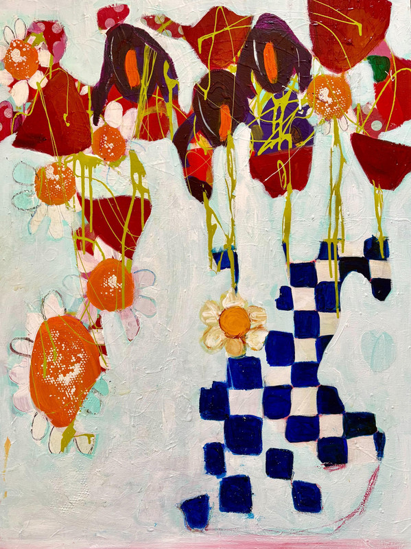 Flowers in a Checked Vase