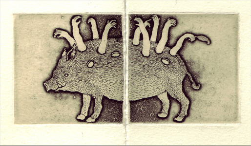 Boar in Two Parts with Hands Reaching