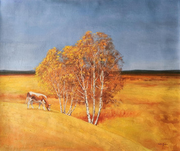 Birch trees and cattle on the Mongolian plateau