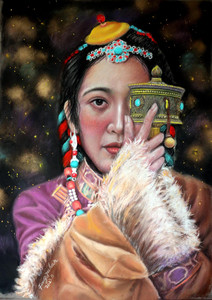 Tibetan Woman Holding prayer wheel