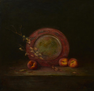 Old metal plate and peaches