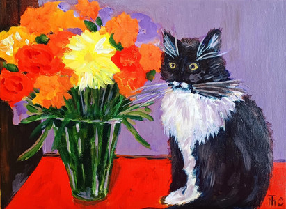 Flowers and a Tuxedo Cat