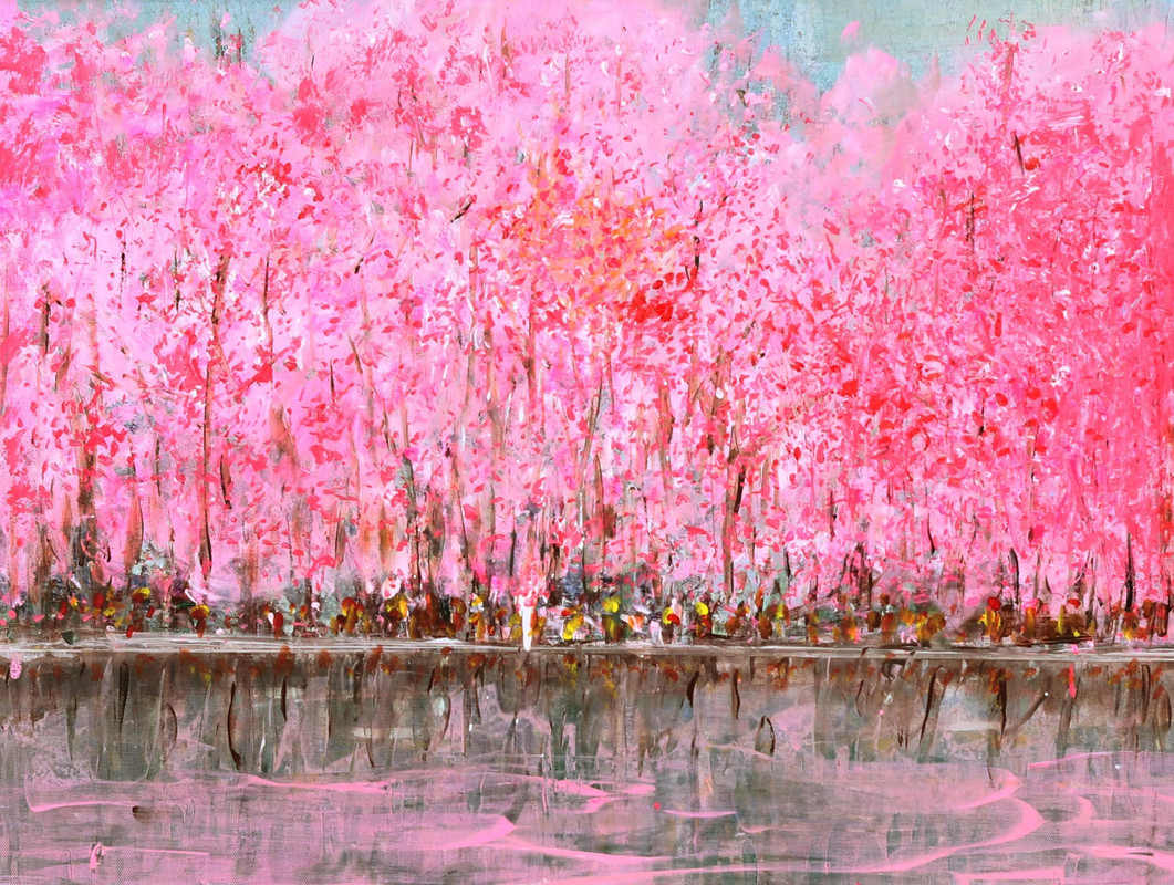 Cherry blossom grove by the lake