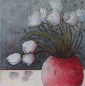 White Tulips in Red Vase
